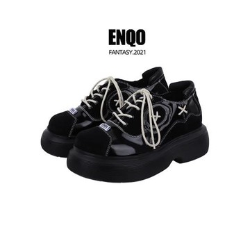 enqo原創系帶老爹鞋女2025春夏小眾大頭鞋黑色厚底鞋運動女鞋