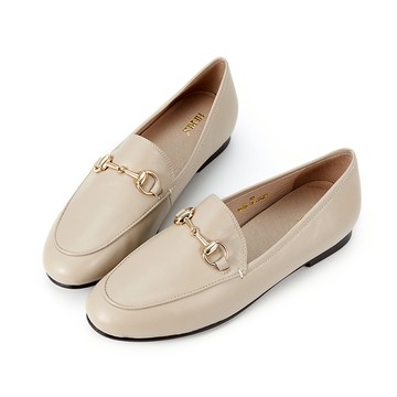 全真皮馬銜釦橢圓頭平底樂福鞋 深杏色