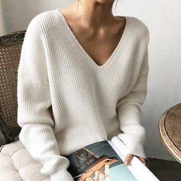 上衣  針織 長袖 V領 新款V領寬鬆慵懶風簡約不規則下擺套頭針織衫打底毛衣S219-7600.胖胖美依