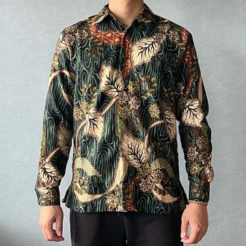 印尼蠟染幾何織紋長袖襯衫 SATRIA - 綠紋黃葉 - SAT003