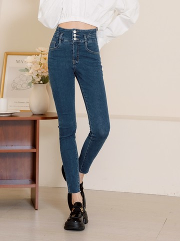 彈力丹寧排釦高腰窄管牛仔長褲