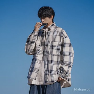 M-8XL 大呎碼襯衫 日係 複古格子長袖襯衫 男女春秋季 ins風 潮 寬鬆 休閒 百搭垂感 襯衣外套 C7QH