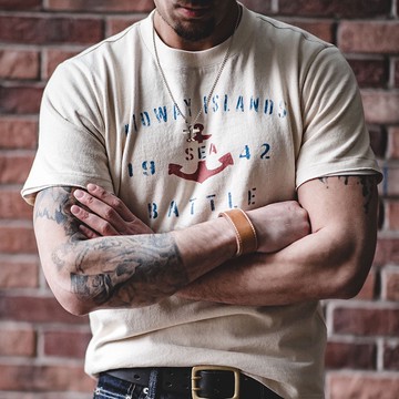 馬登工裝船錨印花棉籽殼短袖TEE正肩短袖字母圓領T恤男夏