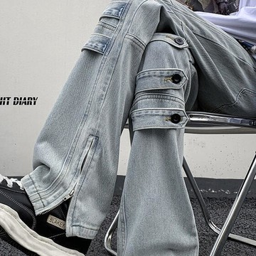 褲子男 綁帶設計感 微喇牛仔褲 拉鍊開叉 工裝直筒褲