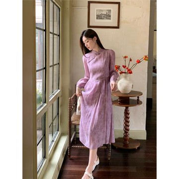 GERTCOREL2026新款春季高端氣質淺紫色收腰顯白長袖連衣裙女裝