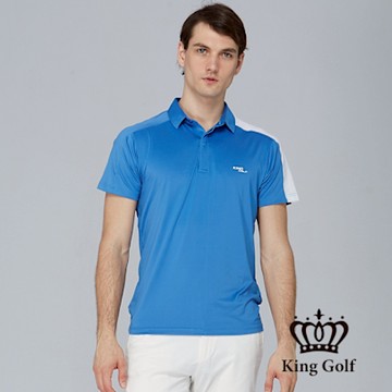 【KING GOLF】網路獨賣款-男款單肩拼接撞色造型POLO衫/高爾夫球衫-藍