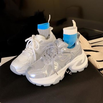 趙思露同款 巴黎舊刊~銀白色網面增高厚底運動休閑鞋女真皮老爹鞋