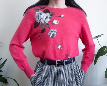 羊絨粉紅毛衣 玫瑰毛衣 羊絨針織套衫 蓬鬆毛衣 M 碼