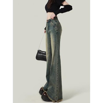 微喇牛仔褲女胖mm早秋高腰寬松闊腿褲設計感顯瘦馬蹄褲大碼喇叭褲