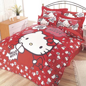【享夢城堡】精梳棉雙人床包兩用被套四件式組-HELLO KITTY 嗨~你好嗎-紅