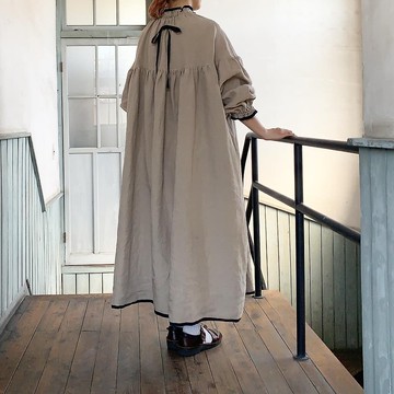 亞麻縮褶連身洋裝 手工日本製 自然亞麻