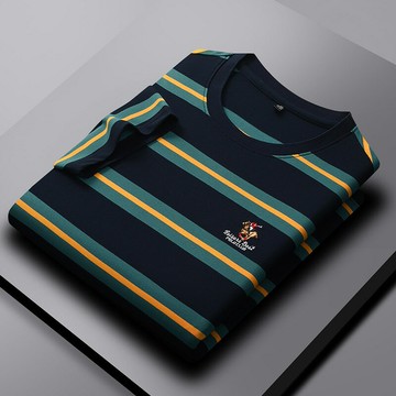 【新款熱賣】夏季新款條紋刺繡圓領短袖T恤休閑時尚輕商務潮牌男士t上衣