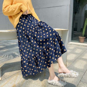 2021春秋新款女森女圓波點松緊腰A字半身裙高腰顯瘦燈芯絨中長款