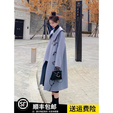 娃娃領羊毛雙面呢子大衣女冬季學生寬松氣質中長款牛角扣毛呢外套