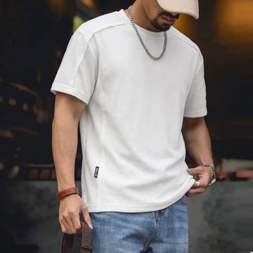 Wuluwear 美式休閒坑條針織T恤男夏季款肌理感寬鬆大尺碼插肩袖白色短袖上衣