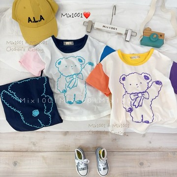 🌈✨mix1001❤️Hi~打招呼配色小熊上衣✨兒童繽紛撞色揮手🐻小熊印圖上衣 5-17