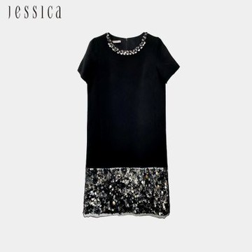 JESSICA - 高雅華麗珠片絲絨顯瘦短袖洋裝245708
