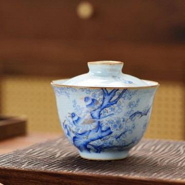 【茶品名】🍵蓋碗 三才碗 二才碗 泡茶杯天青藍喜鵲二才蓋碗新中式小容量汝窯陶瓷開片110毫升