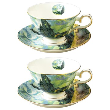 Royal Duke 梵谷油畫系列骨瓷咖啡對杯2入組 咖啡杯具  麥田與柏樹 白色  1組