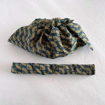 [獨一無二] 午餐包套裝，Azuma 包和筷子包，羊毛和服布料，海軍藍，芥末色扇子圖案