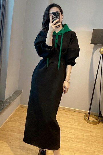 連帽上衣撞色拼接時尚百搭連衣裙氣質收腰顯瘦秋冬新款【倪醬】