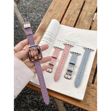 適用於 Apple watch 11 10 9 8 7 荔枝紋KT貓金屬扣環小蠻腰錶帶 蘋果42 44 45 46mm