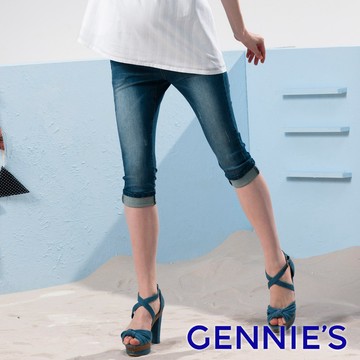 Gennies奇妮 率性刷色造型一體成型牛仔七分褲(藍/藍白點G4513)