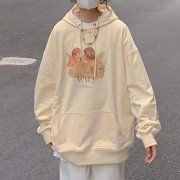 奶黃色可愛天使帶帽衛衣女春秋薄款寬松慵懶風鹽系炸街外套潮