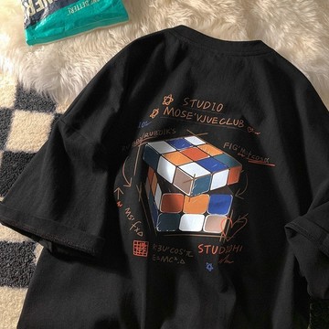 M-5xl 夏季短袖T恤魔方印花T恤寬鬆兼容T恤柔軟面料學院風短袖T恤超大款男士T恤/林