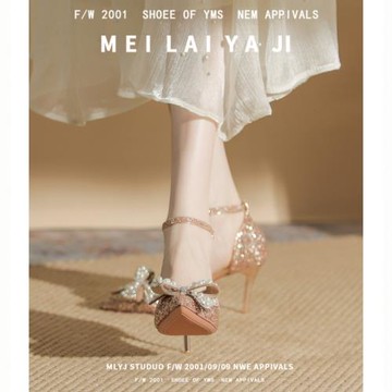 意美絲珍珠蝴蝶結一字扣高跟鞋女夏2025新款細跟香檳色主婚紗婚鞋