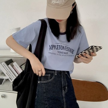 🔥24H出貨🔥美式撞色圓領上衣 休閒T恤 柔軟舒適 圓領 夏季字母 復古上衣 印花 寬鬆 印花 寬鬆短版