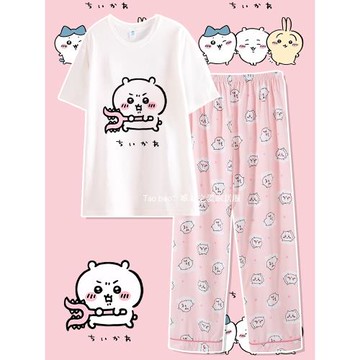 chiikawa睡衣女款長袖春秋季短袖長褲圓領純棉粉色吉伊卡哇家居服