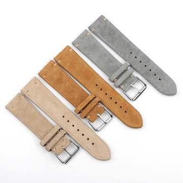 手工縫線麂皮表帶飛行員 翻毛皮絨面真皮手表帶男女18 20 22 24mm