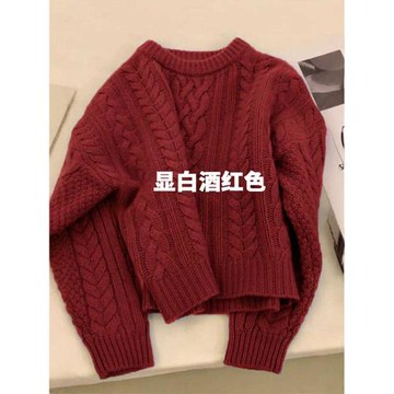軟糯復古圓領套頭紅色麻花短款小個子毛衣女秋冬慵懶風外穿針織衫