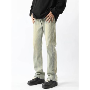 美式重磅水洗泛黃牛仔褲男女黃泥染直筒褲潮牌水洗做舊休閑長褲子