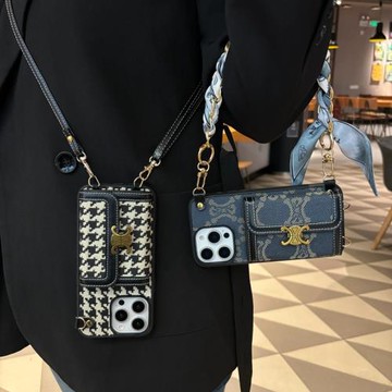 牛仔藍斜挎背帶掛繩蘋果16promax手機殼蘋果15promax高級感手提14PM高檔iPhone13奢華背包式12風琴插卡11適用