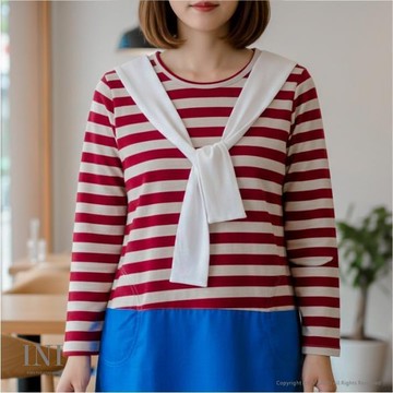 【INI】清新氣質、條紋拼接牛仔口袋長版上衣．暗紅色