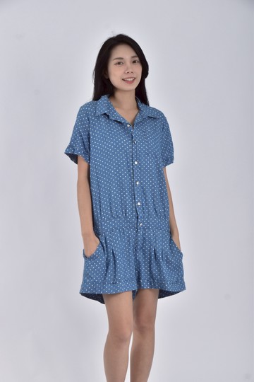 (M) orangebear高腰丹寧牛仔點點藍色連身裝