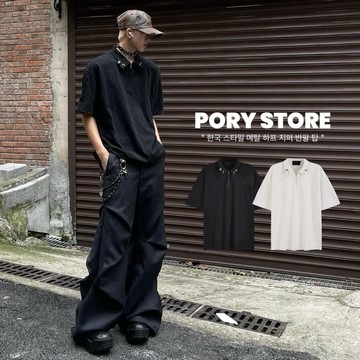 【PORY STORE】 clean fit 短袖 半開拉鍊 翻領 金屬扣環 高級感 短袖上衣