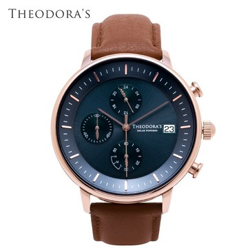 【THEODORA'S】Mercury 太陽能真皮手錶 三眼湖水綠-真皮橘棕【希奧朵拉】