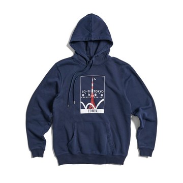 EDWIN 東京散策系列 東京音樂連帽長袖T恤-男女款 (丈青色)