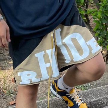 高品質RHUDE 復古拼色字母印花撞色歐美高街抽繩五分寬松沙灘短褲