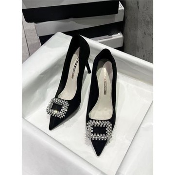 法式新款水鉆方扣絨面黑色高跟鞋女2024春季氣質尖頭單鞋細跟百搭