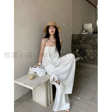 臺灣出貨🎉清冷系白色簡約韓版套裝  女  款 夏 季2025  新款  荷葉邊吊帶闊腿褲兩件套💎悅裳💎