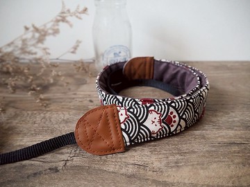 手作減壓相機背帶 相機背繩 手機帶 (日式青海波貓咪-黑) S61