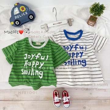 🌈✨mix1001編織條紋配色領邊造型上衣✨兒童字母印圖橫條上衣 5-17