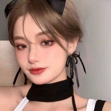 冷豔女神輕奢法式氣質黑色串珠水晶蝴蝶結耳環小眾設計感耳飾女