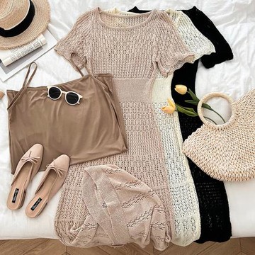 復古百搭鏤空鉤花短袖針織中長款連衣裙配打底吊帶裙兩件套女夏季