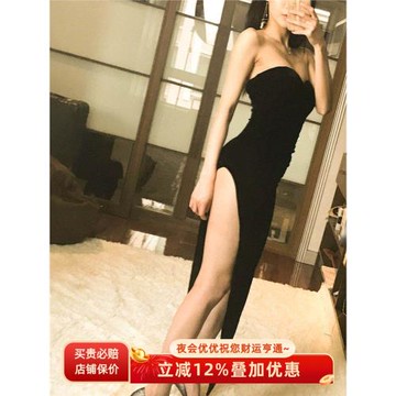 性感御姐露肩絲絨抹胸高叉長裙車模走秀宴會晚會主持人網紅晚禮服