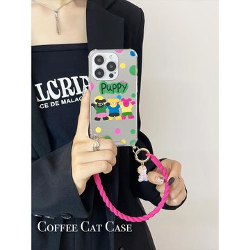 鏡面三只小狗彩色波點鏈條手提斜挎掛繩可調節適用蘋果15手機殼可背iphone13背帶斜跨14pro補妝鏡12少女鏡子